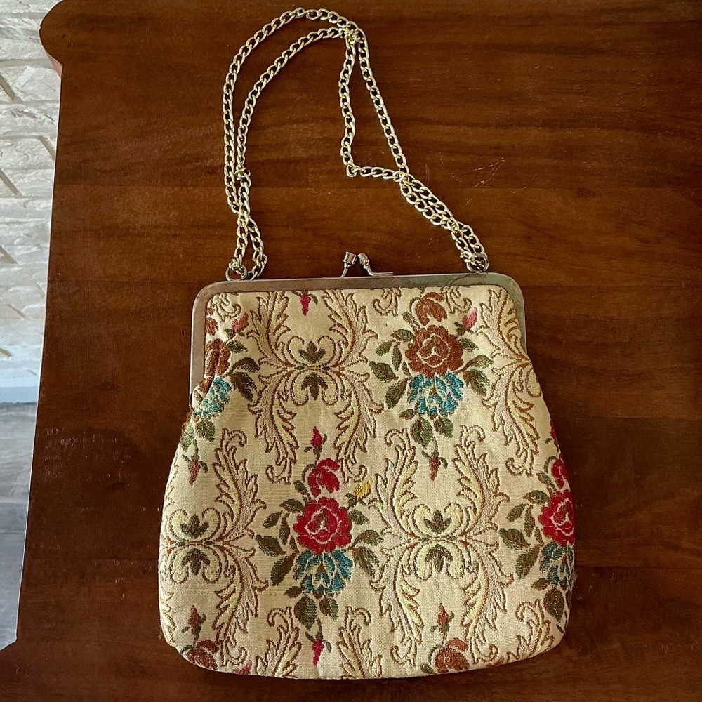Vintage 50s 60s La Regale Floral Tapestry Brocade Fabric Bag + Gold Chain Strap - Picture 11 of 17